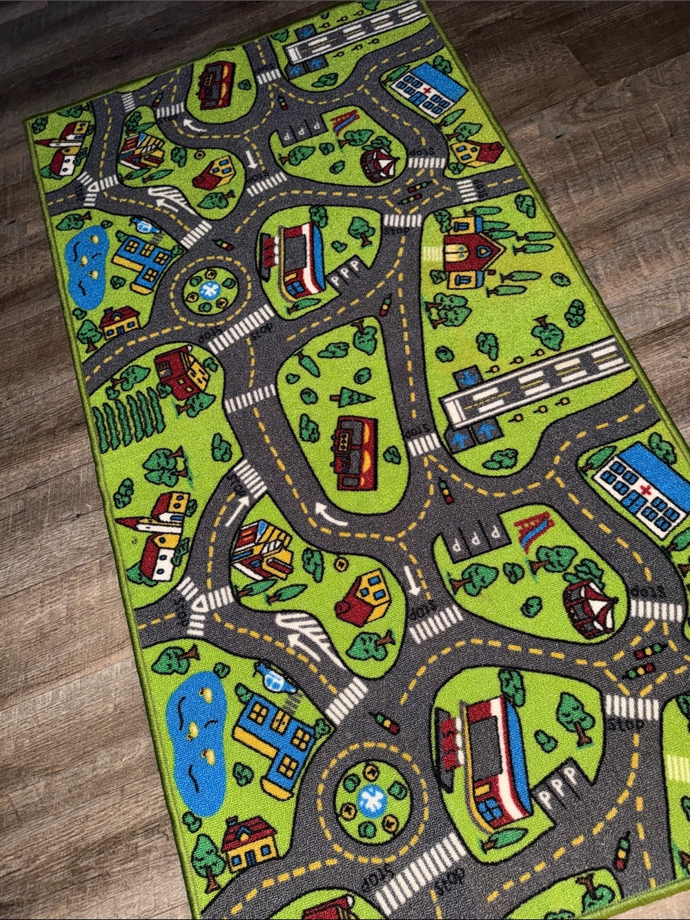Green and Gray City Road Play Rug for Kids - Unbranded